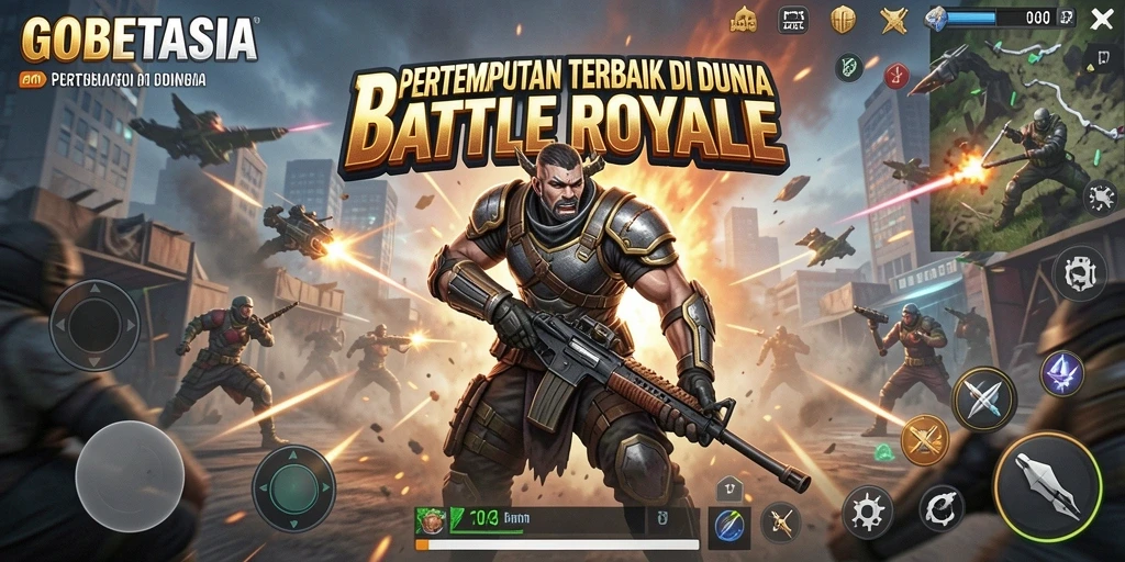 Tangkapan layar GOBETASIA menampilkan aksi pertempuran intens dalam game Battle Royale.