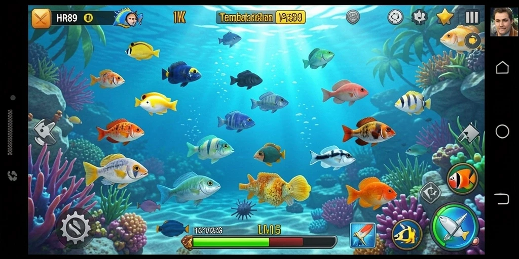 Screenshot gameplay HR89 yang menampilkan aksi seru menangkap ikan.
