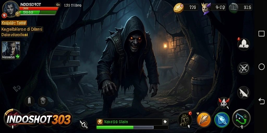 Gameplay mencekam INDOSLOT303 dengan suasana yang gelap dan menakutkan.