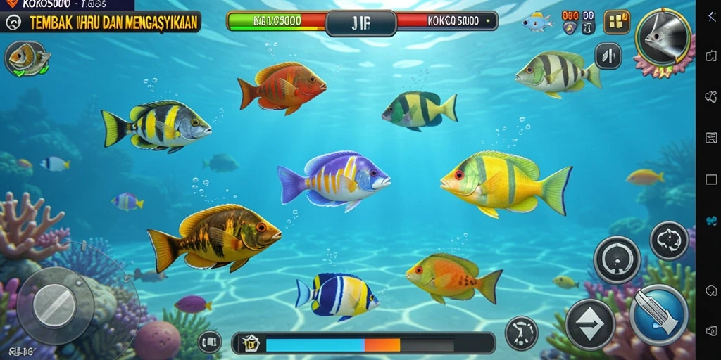 Screenshot gameplay KOKO5000 yang menunjukkan aksi menembak ikan.