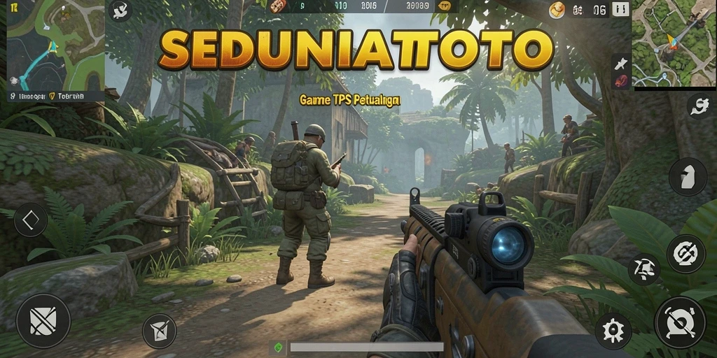Screenshot utama SEDUNIATOTO menampilkan aksi menegangkan dalam permainan TPS.