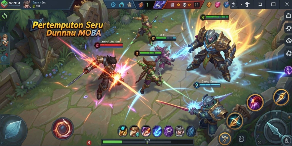 Tangkapan layar dari game WIN199 menunjukkan aksi pertempuran yang intens dalam mode MOBA.
